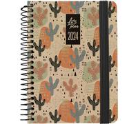 Grafoplás | Agenda Día Página Anual 2024 | A6 | 16,5x10,5cm | Español | Design Cactus | Nature | Tapa Dura | Cubierta Papel Kraft y Cartón Reciclado 100% | Cierre Elástico