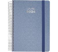 Grafoplas | Agenda Día Página | Anual 2024 | Azul Ártico | Español | 15x21cm | Espiral | Tapa Dura Forrada Tela Metalizada | Cierre Elástico | Enero a Diciembre 24 | Serie Metallic