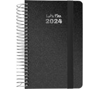 Grafoplas | Agenda Semana Vista 2024 | Negra | A6 | Español | Serie Metallic | Espiral | Tapa Dura Forrada Tela | Cierre Elástico | De Enero a Diciembre Año 24