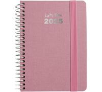 Grafoplas | Agenda Semana Vista 2025 a6 | Modelo Fancy | Rosa Pastel | Español | Espiral | Tapa Dura Forrada Tela | Cierre Elástico | De Enero a Diciembre | Incluye Pegatinas Iconos y Mensajes | FSC