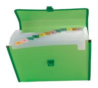 Grafoplas - Archivador con Fuelle, 13 Departamentos Interiores, 33x25x4cm, Incluye Pestañas y Etiquetas Colores, Polipropileno Semirrígido, Verde Traslúcido, Tamaño Folio, Cierre con Broche Plástico
