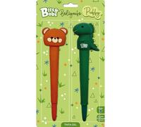 Grafoplas - Bolígrafo de Gel Antiestrés 2 Unidades Puffy Bits&Bobs Dino y Oso, Tinta Azul, Punta 0,7mm, Largo 19cm, Esponjoso y Suave al Tacto, Útiles Escolares Ideal Regalos