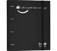 Grafoplas - Carpeta 4 Anillas Troqueladas con Recambio, A4, Negro, Cartón Forrado Papel FSC, Incluye Separadores, Carpebook Like Smile