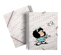 Grafoplas - Carpeta de Fundas Maxiplás, Diseño Mafalda Bird, 30 Forros de Polipropileno, Tapas Flexibles Resistentes al Agua, Cierre Gomas Elásticas, Tamaño A4, Material Escolar con Espiral PVC