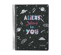 Grafoplás | Cuaderno Cuarto | 80 Hojas Cuadriculadas 4x4 90g | Tapa Plastico | Espiral | Diseño Elena Corredoira | Colección Aliens | Certificado FSC