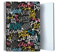 Grafoplás | Cuaderno Tapa Plastico | 80 Hojas Cuadriculadas 4x4 90g | Tamaño Folio | Espiral | Cierre Seguridad Coil Lock | Colección Diseño Bits&Bobs Pop Up Design Wall | Certificado FSC