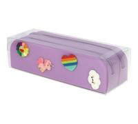 Grafoplás Estuche Silicona Pins bits&Bobs | 2 Compartimentos | 20x5,5x6,5cm | Color Lavanda Pastel | Incluye 8 Pins Intercambiables | Adornos por Ambas Caras Material Escolar