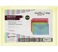 Grafoplas - Pack 10 Carpetas Sobres Plastico, Cierre Adhesivo Textil, Tamaño a5, Color Amarillo, Multiline, 25,2x18cm, Polipropileno Cristal Rayado Traslúcido, Perfecto para Documentos Cuarto