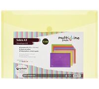 Grafoplas - Pack 5 Carpetas Sobres Plastico A3, Cierre Textil Adhesivo, Amarillo, Multiline, 33,5x24cm, Polipropileno Cristal Rayado Traslúcido, Perfecto para Dibujos y Documentos Grandes