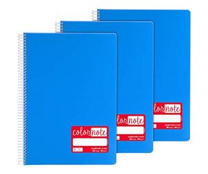 Grafoplas - Pack de 3 Cuadernos con Espiral A4, Cuadriculado 4 mm, 80 Hojas, 90 g, Azul, Tapa Polipropileno, Serie ColorNote, Perfecto Material Escolar