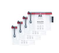 Grafoplas Pack de 4 Bolsas con Cremallera EVA a6, Fabricadas con Goma EVA Transparente con Cremallera Roja, Ideal para Transportar Todo Tipo de Pequeños Artículos, Documentos, Cosméticos o Puzzles