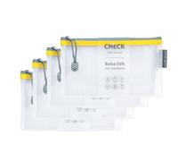 Grafoplas Pack de 4 Bolsas con Cremallera EVA Check, Hechas con Goma EVA Transparente, Cremallera Amarilla, Ideal para Transportar y Proteger Todo Tipo de Pequeños Artículos, Cheques o Vouchers