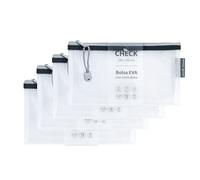 Grafoplas Pack de 4 Bolsas con Cremallera EVA Check, Hechas con Goma EVA Transparente, Cremallera Negra, Ideal para Transportar y Proteger Todo Tipo de Pequeños Artículos, Cheques o Vouchers