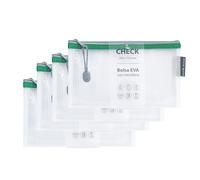 Grafoplas Pack de 4 Bolsas con Cremallera EVA Check, Hechas con Goma EVA Transparente, Cremallera Verde, Ideal para Transportar y Proteger Todo Tipo de Pequeños Artículos, Cheques o Vouchers