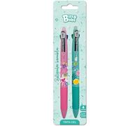 Grafoplas - Set 2 Bolis Borrables Bits&Bobs 4 en 1, Tinta Gel Azul, Negro, Rojo, Verde, Punta Retráctil 0,7mm, Modelo Verde-Rosa, Incluye Goma, Escritura Limpia, Material Escolar Ideal Niños