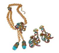 Gramigg Juego de collar con colgante de pavos reales coloridos y aretes de plata para mujeres de moda con diseños de diamantes de imitación