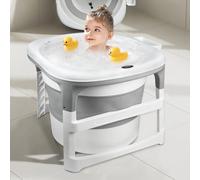 Gran bañera plegable para bebés, ducha XXL, patas antideslizantes, tapón de drenaje -3 en 1 (gris, redondo, 67 x 67 x 61 cm)