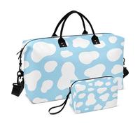 Gran bolsa de lona de viaje deporte bolsa de gimnasio durante la noche bolsas de fin de semana blanco azul vaca punto impresión Holdall llevar equipaje con bolsa de baño, blanco azul vaca spot