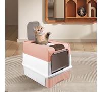 Gran Casa de Baño Plegable para Gatos, Bandeja con Tirador y Pala para Arena, Portátil, Bandeja de Arena Cerrada con Compartimento Inferior Extraíble para una Fácil Limpieza 49 * 37 * 35 cm - Rosa