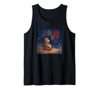 Gran celebración de Fuegos Artificiales con Disfraz de Oso y Palomitas de maíz Camiseta sin Mangas