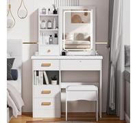 Gran escritorio de vanidad, maquillaje con espejo LED deslizante y luces en 3 colores, 5 cajones almacenamiento, estantes ocultos, taburete cubierto incluido, muebles de dormitorio para mujeres/blanco