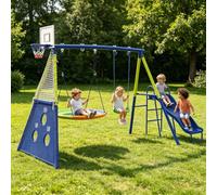 Gran Parque Infantil 6 En 1 para Exterior, Conjunto De Columpios con Columpio Circular, Tobogán, Canasta De Baloncesto Y Diana De Fútbol, Estructura Estable para Varios Niños