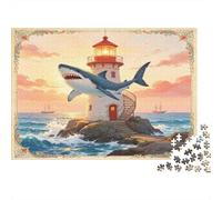 Gran Tiburón Blanco Puzzle de 1000 Piezas Papel para Adultos Faro Vista Costera Mar Relajación Concentración Hogar Regalo 38x26cm/1000pcs