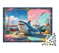 Gran Tiburón Blanco Puzzle de 1000 Piezas Papel para Adultos Puerto con Barcos Escena Colorida Puzzle para Toda la Familia Relajación Decoración Regalo 52x38cm/1000pcs