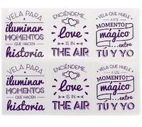 GRAN VELADA Pegatinas Frases Románticas para Velas | Blíster de 6 | Tamaños a Elegir | Tipografía en Negro, Turquesa o Violeta | Decoración Encantadora