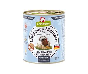 GranataPet Lieblings's Mahlzeit Pavo & Kaninchen Junior, Comida húmeda para Perros, Comida para Perros sin Cereales y sin azúcares añadidos, pienso Completo, 6 x 800 g