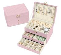 Granbest Caja de Joyería de 3 Capas con 2 Cajones, Elegante Joyero, Caja de Joyería de Cuero Ideal para Collares, Pulseras, Anillos y Pendientes (Rosa)