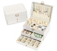 Granbest Joyero de 3 capas con 2 cajones, elegante joyero de piel, ideal para collares, pulseras, anillos y pendientes (blanco)
