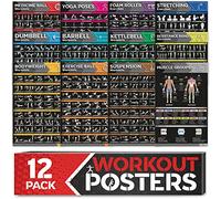 GRAND BASICS Juego de 12 pósteres grandes laminados de entrenamiento, pósteres perfectos para el gimnasio en casa, tablas de ejercicios, incluye mancuernas, posturas de yoga, pesas rusas,