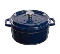GRAND FEU Redondo Horno holandés de hierro fundido - Olla de hierro fundido esmaltado con tapa y asas anchas para Cocina Estofado, Paella, Freír, Asar, Saltear - Cazuela 4,7 L, Azul oscuro