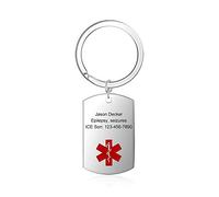 Grand Made Llavero Personalizado de Etiqueta de Emergencia médica para Hombres Mujeres Etiqueta de información de ID de Alarma Llavero Life SOS Tipo de Diabetes Marcapasos (Silver)