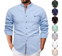 Grandad - Camisas de manga larga para hombre, camisa de algodón y lino, cuello enrollable, camisas de lino, ajuste regular, camisetas de playa, tops casuales de yoga, con botones y estampado, -, M
