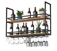 Grandas de almacenamiento de vinos, estante de vino colgante industrial con soporte de vidrio de vapor y riel de guardia, estante flotante de montaje de techo de 2 niveles para cocina y bar (negro