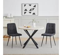 GrandCA HOME Conjunto de Mesa y Sillas de Comedor, 2 Sillas de Comedor de Terciopelo Pana Negra y una Mesa de Comedor Redonda de 100 cm, Ideal para la Cocina y el Salón (Piedra de Cueva Amarilla)