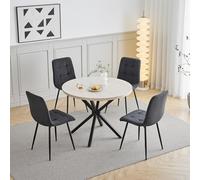 GrandCA HOME Conjunto de Mesa y Sillas de Comedor, 4 Sillas de Comedor de Terciopelo Pana Negra y una Mesa de Comedor Redonda de 100 cm, Ideal para la Cocina y el Salón (Piedra de Cueva Amarilla)