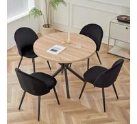 GrandCA HOME Conjunto de Mesa y Sillas de Comedor, Mesa Redonda de 100 cm y 4 Sillas de Terciopelo Nórdico, Ideal para Salón, Comedor y Cocina (Veta de Madera Clara + Negro)