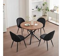 GrandCA HOME Conjunto de Mesa y Sillas de Comedor, Mesa Redonda de 100 cm y 4 Sillas de Terciopelo Nórdico, Ideal para Salón, Comedor y Cocina (Madera Oscura + Negro)