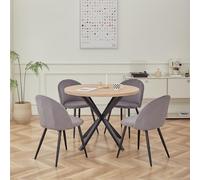 GrandCA HOME Conjunto de Mesa y Sillas de Comedor, Mesa Redonda de 100 cm y 4 Sillas de Terciopelo Nórdico, Ideal para Salón, Comedor y Cocina (Veta de Madera Clara + Gris)