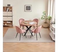 GrandCA HOME Conjunto de Mesa y Sillas de Comedor, Mesa Redonda de 100 cm y 4 Sillas de Terciopelo Nórdico, Ideal para Salón, Comedor y Cocina (Madera Oscura + Rosa)