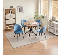 GrandCA HOME Conjunto de Mesa y Sillas de Comedor, Mesa Redonda de 100 cm y 4 Sillas de Terciopelo Nórdico, Ideal para Salón, Comedor y Cocina (Madera Oscura + Azul)