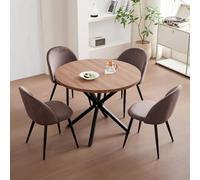 GrandCA HOME Conjunto de Mesa y Sillas de Comedor, Mesa Redonda de 100 cm y 4 Sillas de Terciopelo Nórdico, Ideal para Salón, Comedor y Cocina (Madera Oscura + Marrón)
