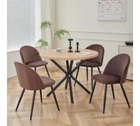GrandCA HOME Conjunto de Mesa y Sillas de Comedor, Mesa Redonda de 100 cm y 4 Sillas de Terciopelo Nórdico, Ideal para Salón, Comedor y Cocina (Veta de Madera Clara + Marrón)