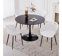 GrandCA HOME Conjunto de Mesa y Sillas de Comedor Modernas, Mesa Redonda de 110 CM con 4 Sillas, Patas de Metal Negro, Ideal para Sala de Estar, Balcón o Jardín (Blanco)