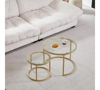 GrandCA HOME Juego de 2 mesas de Centro apilables, mesas de Centro Redondas, Tapa de Cristal Templado, Patas de Metal Doradas, Adecuada para salón, Comedor, café(Ø60 x 45 cm, diámetro 40 x 35 cm)