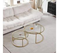 GrandCA HOME Juego de 2 mesas de Centro apilables, mesas de Centro Redondas, Tapa de Cristal Templado, Patas de Metal Doradas, Adecuada para salón, Comedor, café(80 x 45 cm, diámetro 60 x 35 cm)