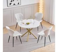 GrandCA HOME Juego de Mesa y Sillas de Comedor, 4 Sillas de Lino Color Blanco Roto y una Mesa de Comedor Redonda Moderna de 100 cm, Ideal para Cocina, Salón y Cafetería (Diseño de Mármol Blanco 2)